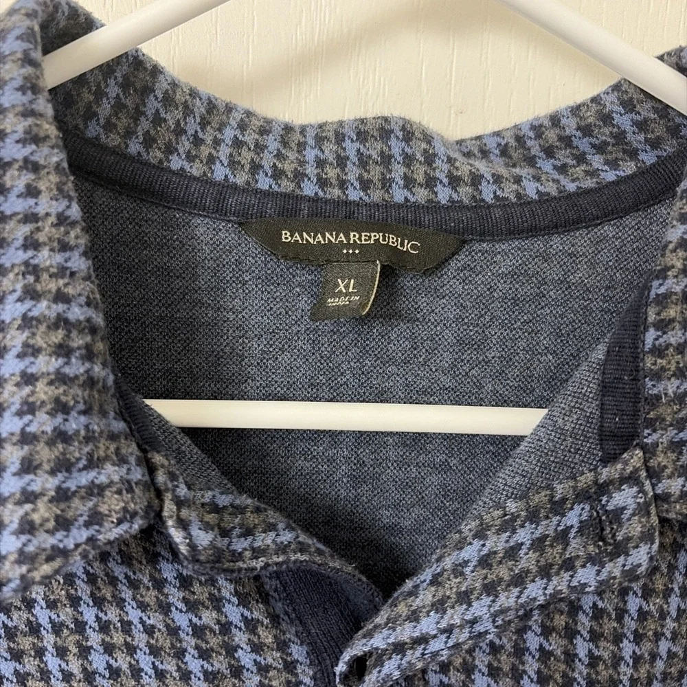 Banana Republic Polo Shirt Mens XL Blu Houndstooth Short Sleeve Knit Soft Cotton